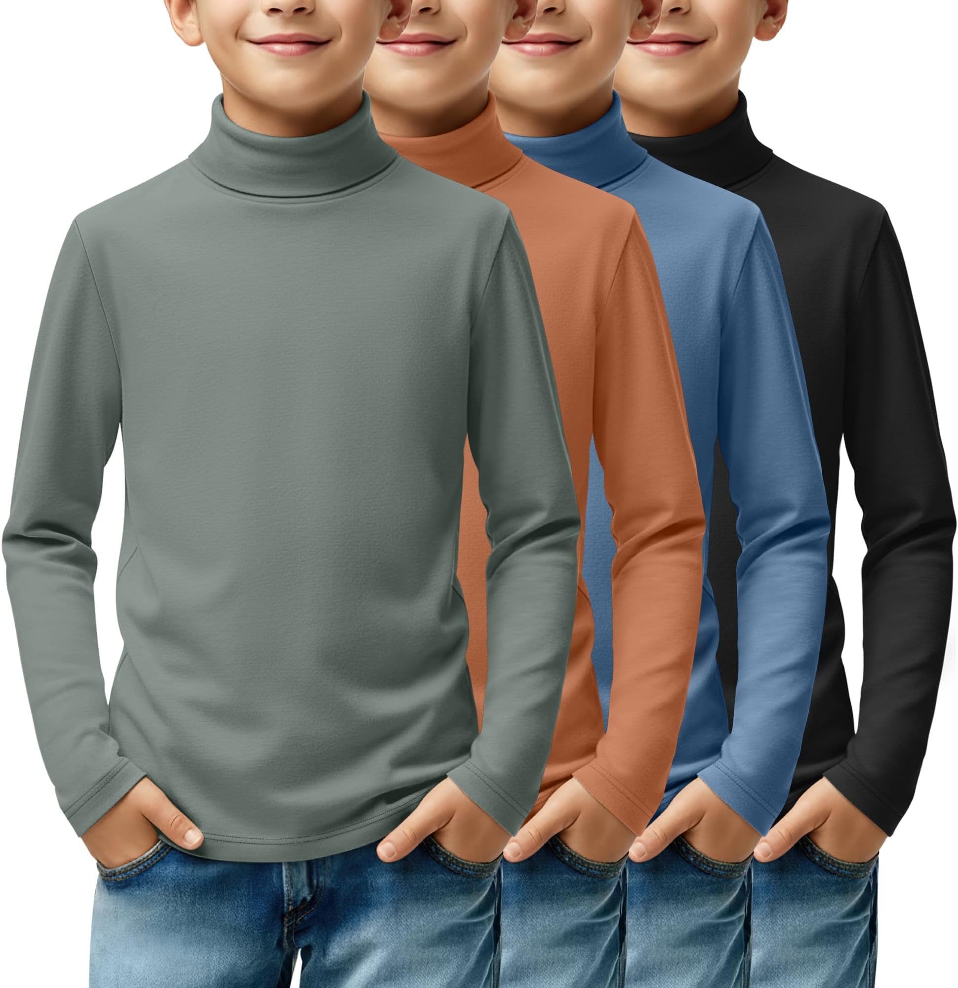 4 Pack Boys Turtleneck Long Sleeve Shirts Elastic Solid Warm Basic Football Baseball Undershirt Base Layering Tops