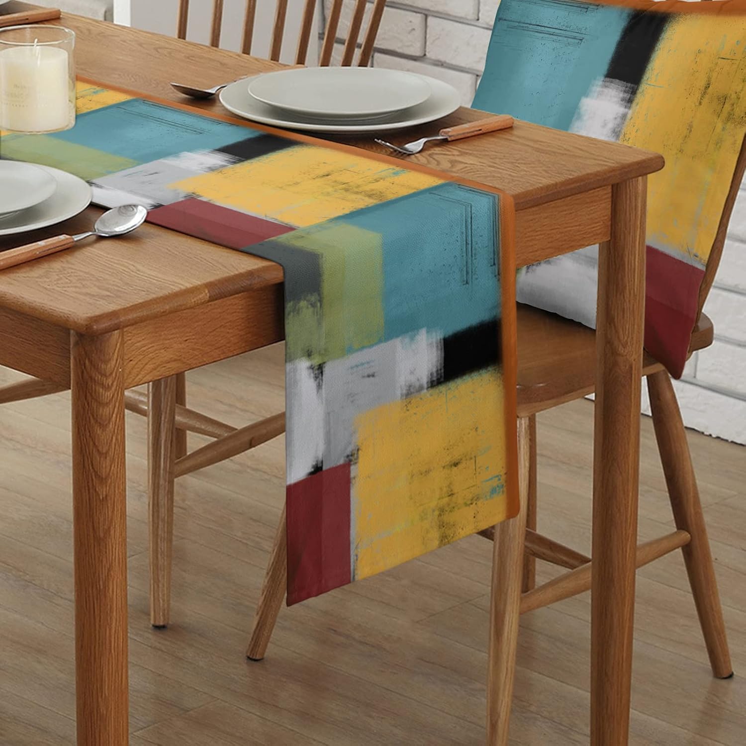 Turquoise Yellow Table Runner - 120 Inch Long Orange Oil Painting Modern Abstract Geometric Cotton and Linen Blended Dress Scarves Farmhouse Table Runner for Kitchen Dining, Coffee Table, 13" x 120"