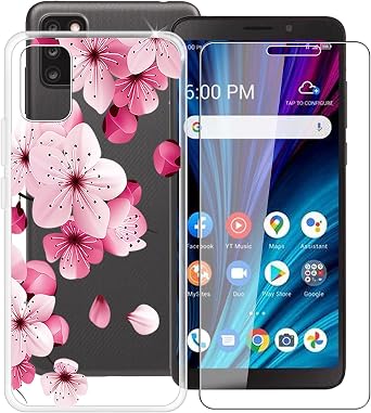 Phone Case for TCL A3X A600DL 6.0" with [1 X Tempered Glass Screen Protector], HHUAN Clear Soft Silicone Bumper Cover, TPU Shockproof Shell for TCL A3X A600DL - Peach Blossom
