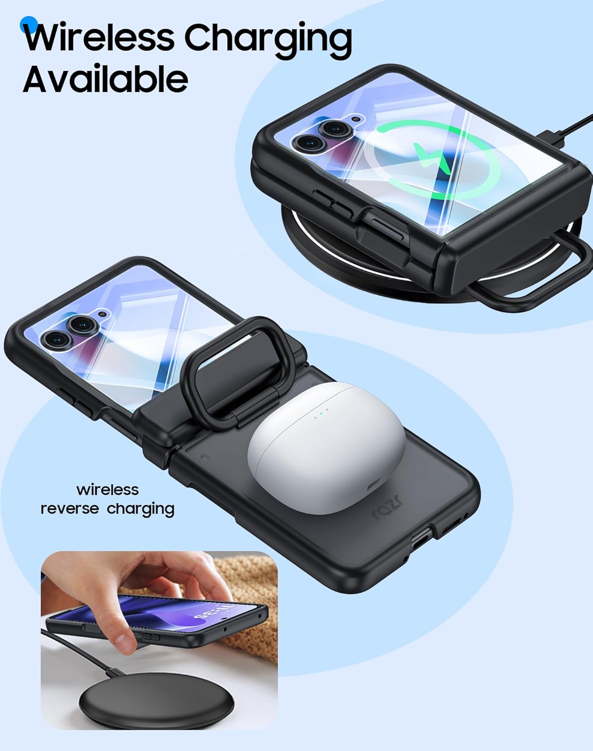 for Motorola Razr Ultra 2025 Case with Ring Holder & Screen Protector & Hinge Protection, Wireless Charging, Skin Feel Matte PC, Shockproof Phone Case for Moto Razr Ultra 2025-Black