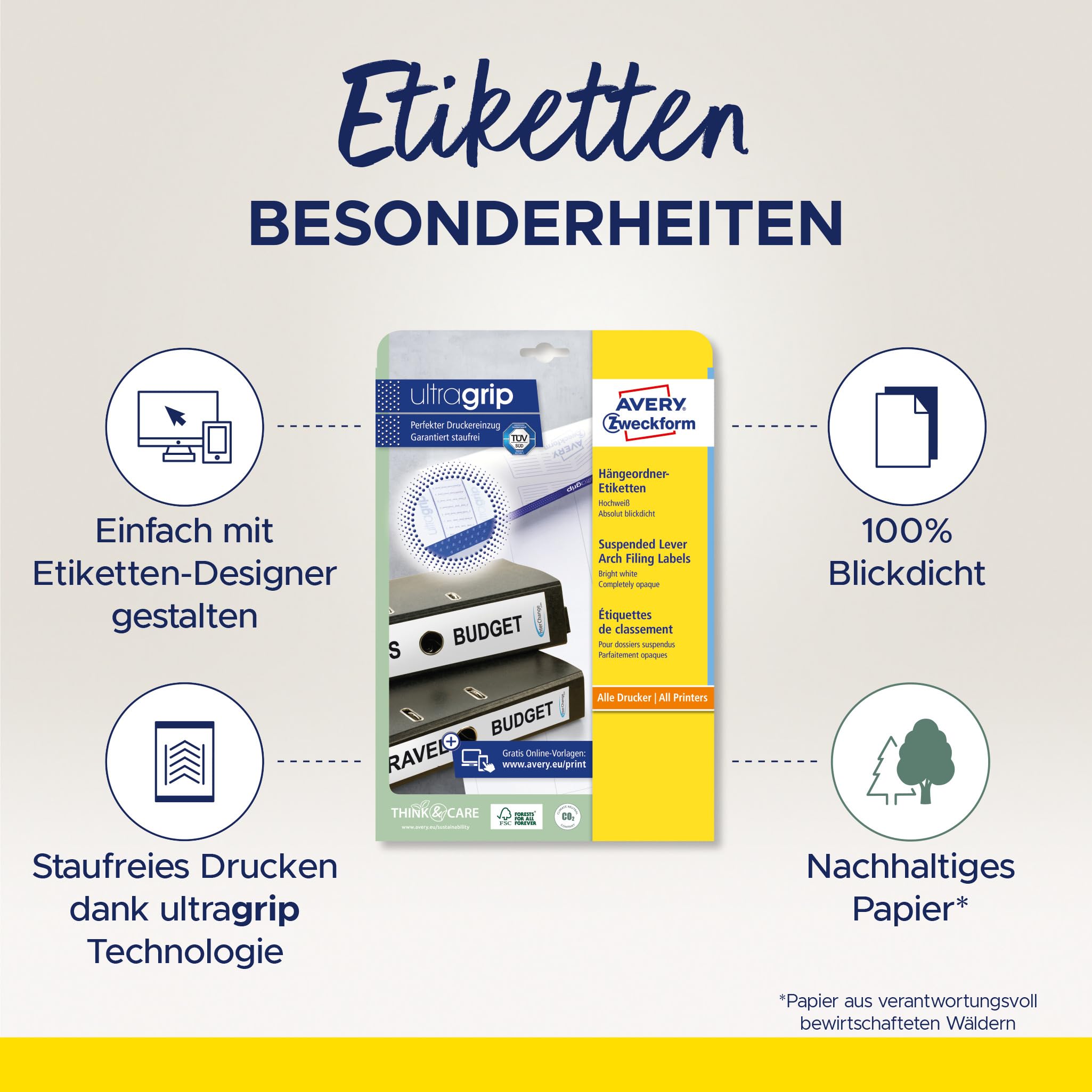 AVERY Zweckform L4757-25 Hängeordner-Etiketten (75 Rückenschilder mit ultragrip, 63x297mm auf A4, breit/lang, absolut blickdicht, selbstklebend, bedruckbare Ordneretiketten) 25 Blatt, weiß, Format 63 x 297 mm