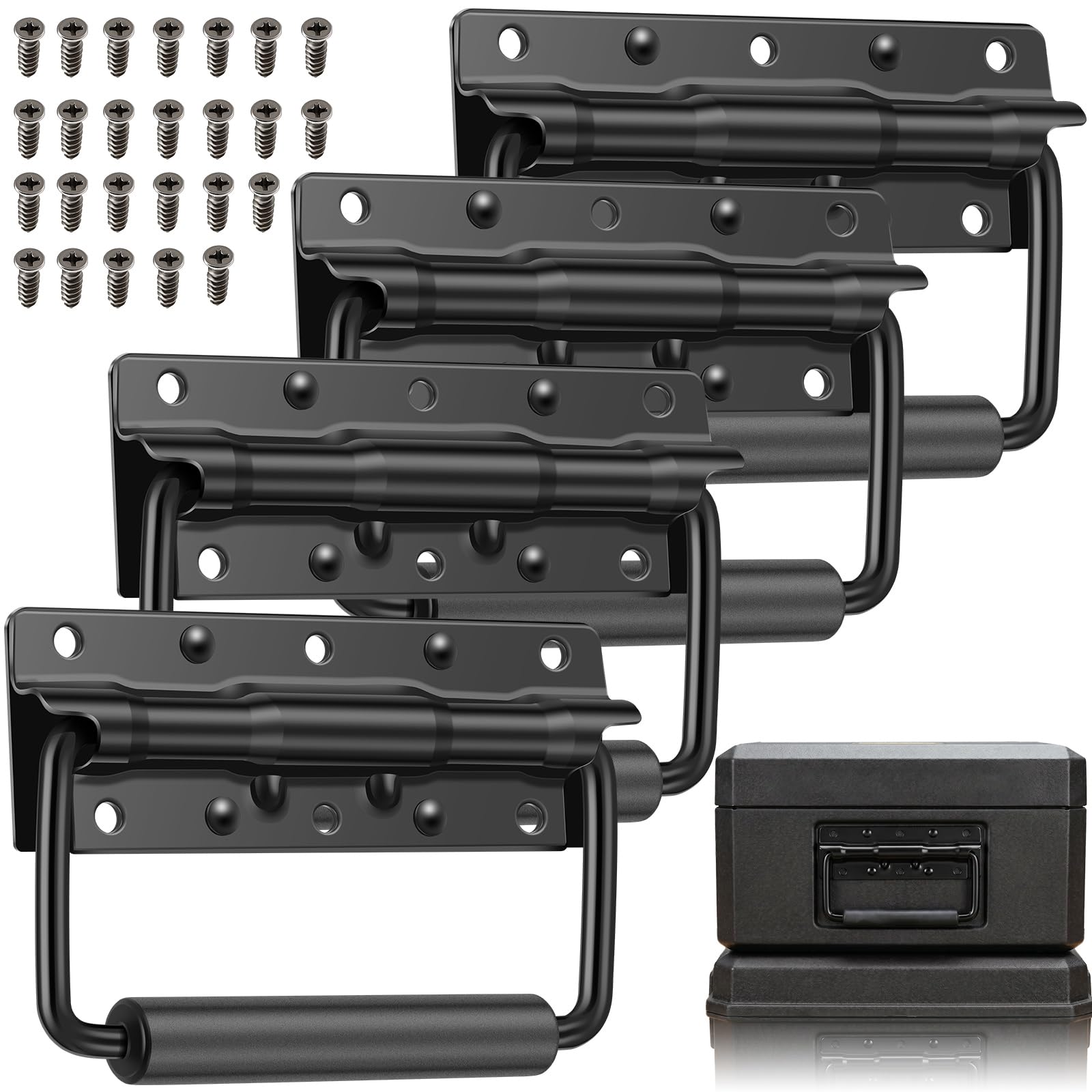 Zhjiutak Black 4Pcs Folding Chest Handles, 12Cm Spring Box Pull Ring, Metal Crate Handle Replacement With Rubber Grip For Cabinet Flight Case Toolbox Storage Boxes Luggage
