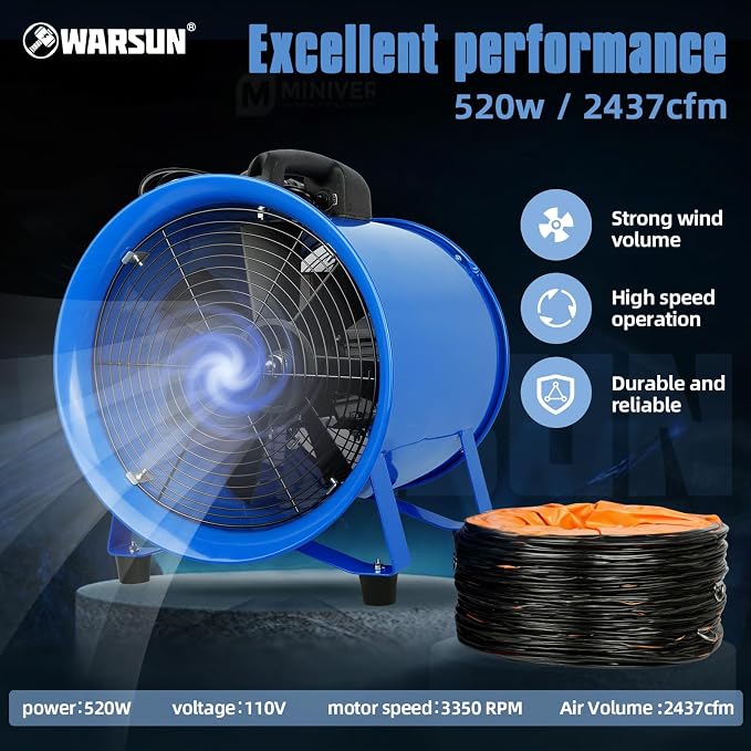 Extractor axial portátil WARSUN 520W 12 pulg con manguera 33 pies miniatura 4