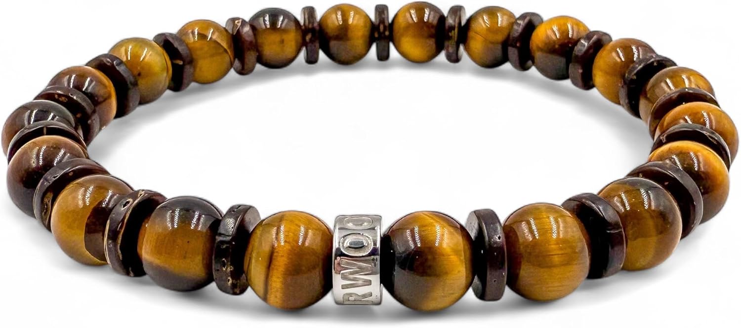 Everwood Rugged Gemstone Beaded Bracelet for Men - Wood Beads with Silver Stainless Steel Spacer - Handmade Stretch Bracelet Gift for Him - Handcrafted Original