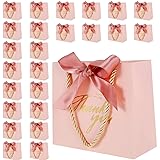 24Pcs Small Thank You Gift Bags Paper Party Bags with Handles Grey Marble Pattern Present Bags with Gold Bow Ribbon Mini Pink Party Favor Bags for Birthday Wedding (Pink)