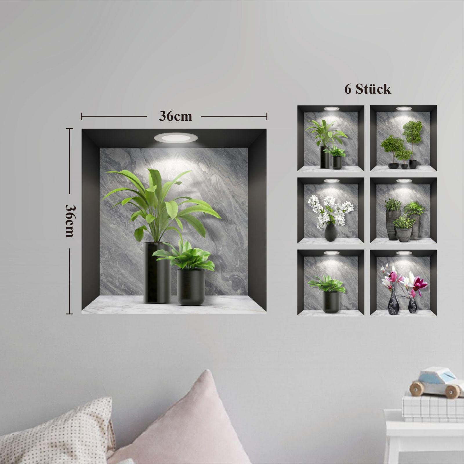 Lot De 4 Stickers Muraux 3D Vases & Plantes – Effet Tatouage Mural Floral Bonsaï – Déco Naturelle Pour Chambre, Salon, Bureau 40x40cm
