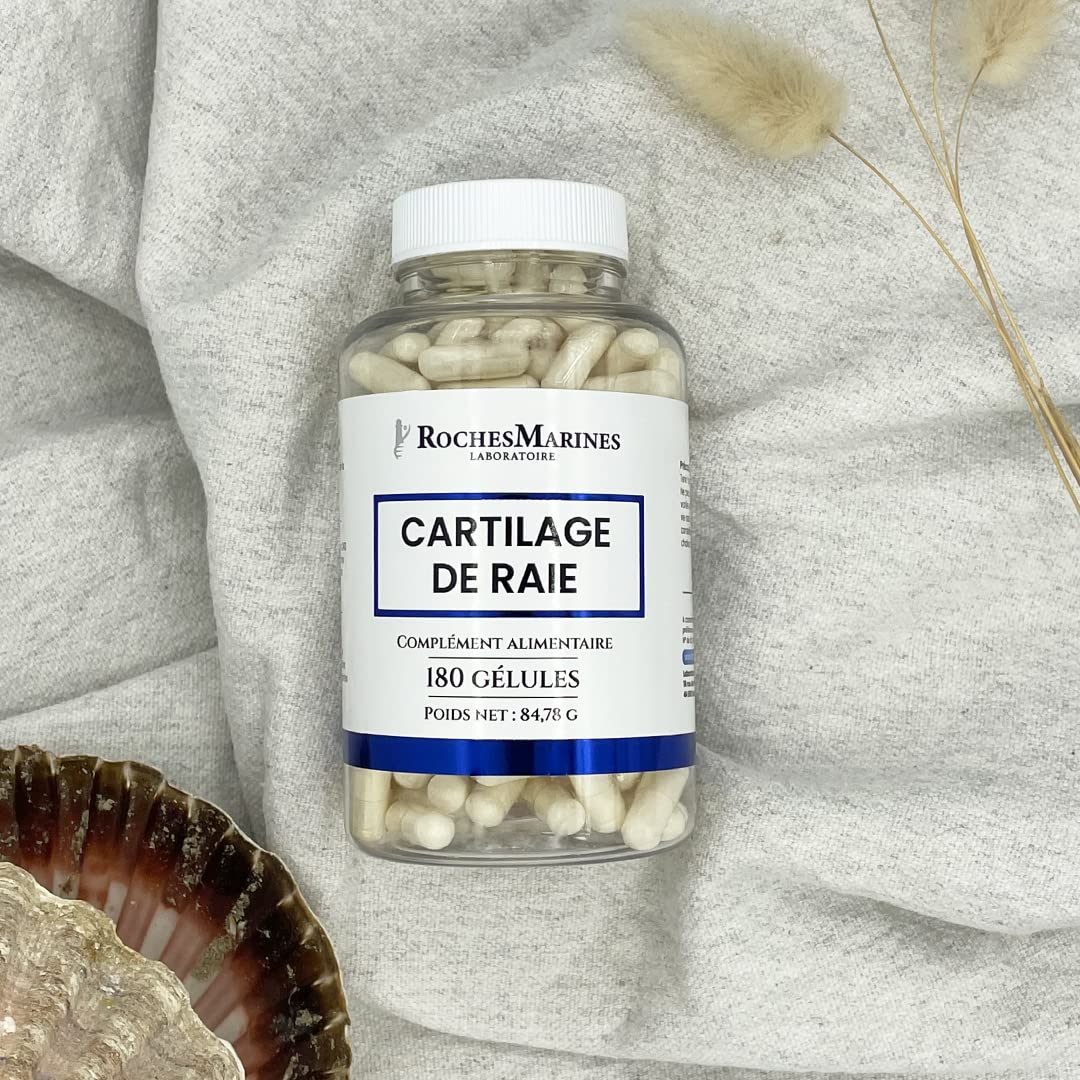 Roches Marines - Complément alimentaire Cartilage de raie - Soutien des articulations - Source de calcium, phosphore, collagène, glucosamine, chondroïtine - 180 gélules - Développé en France