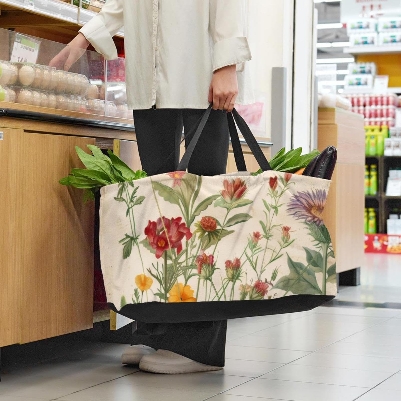 Sac de courses réutilisable, pliable, sac fourre-tout utilitaire lavable, tient debout pour pique-nique, camping – Motif papillons et fleurs sauvages rétro, multicolore, 22.0x12.6x11.4 in/56x29x32 cm