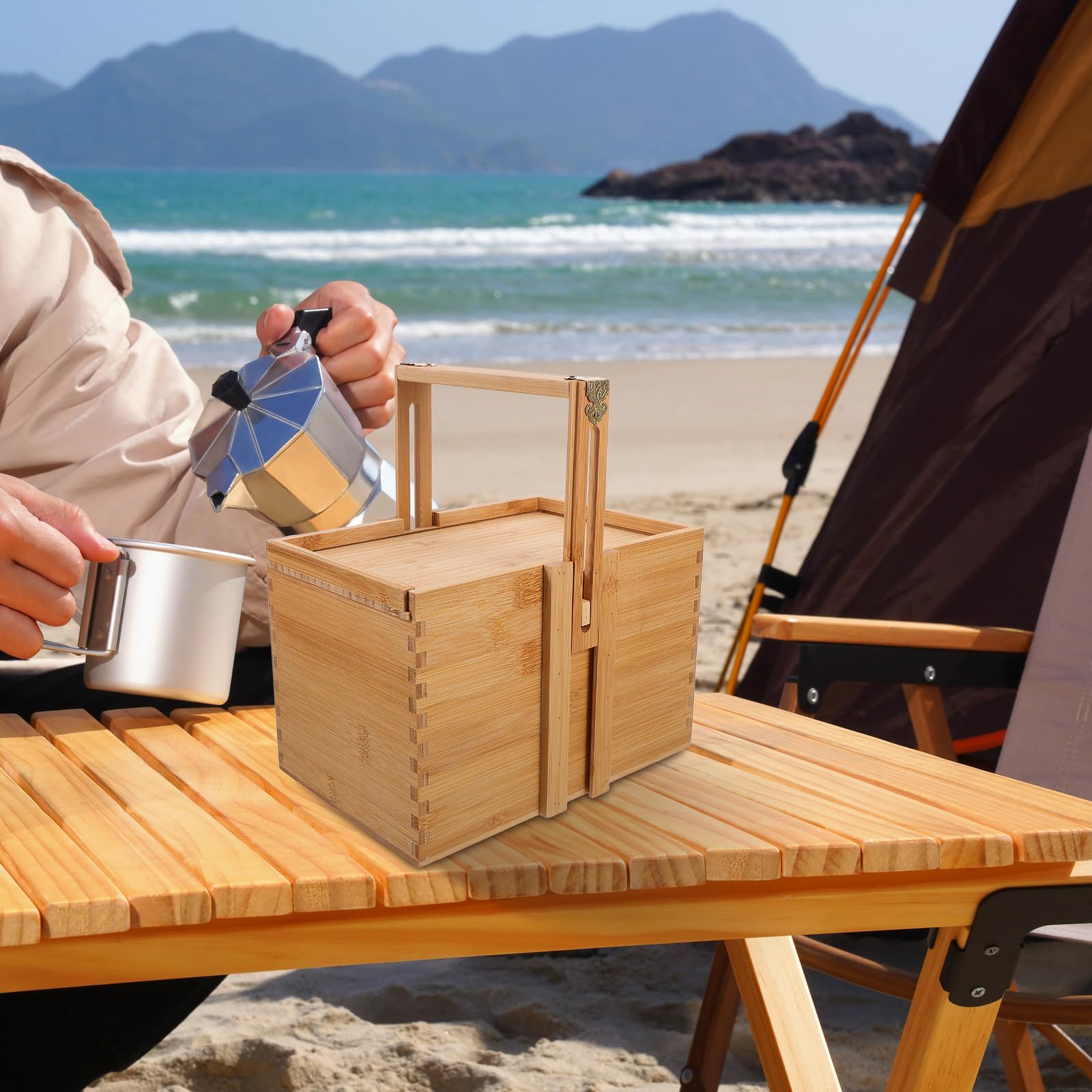 Cesta de Bambú Asa Ajustable para Picnic y Almacenamiento, Caja de Madera para Guardar Postres y Té, Diseño Sencillo y Fácil de Transportar para Uso Familiar