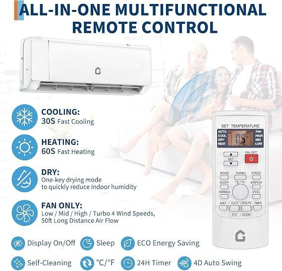 GarveeHome 12000 BTU Mini Split AC/Heating System, 18.5 SEER2 Inverter Split System Air Conditioners with WiFi, Ductless Heat Pump Wall Mount AC Unit Cool Up to 750 Sq. Ft, Installation Kits, 230V