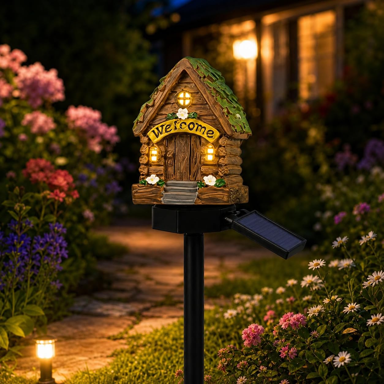 Solar Fairy-Tale Mushroom Cottage Garden Light,Waterproof LED Outdoor Mushroom House Statue Decor Lamp,Solar Resin MushroomLawn Lamp,Auto On/Off Landscape Pathway Light,for Pathway Yard Patio Lawn