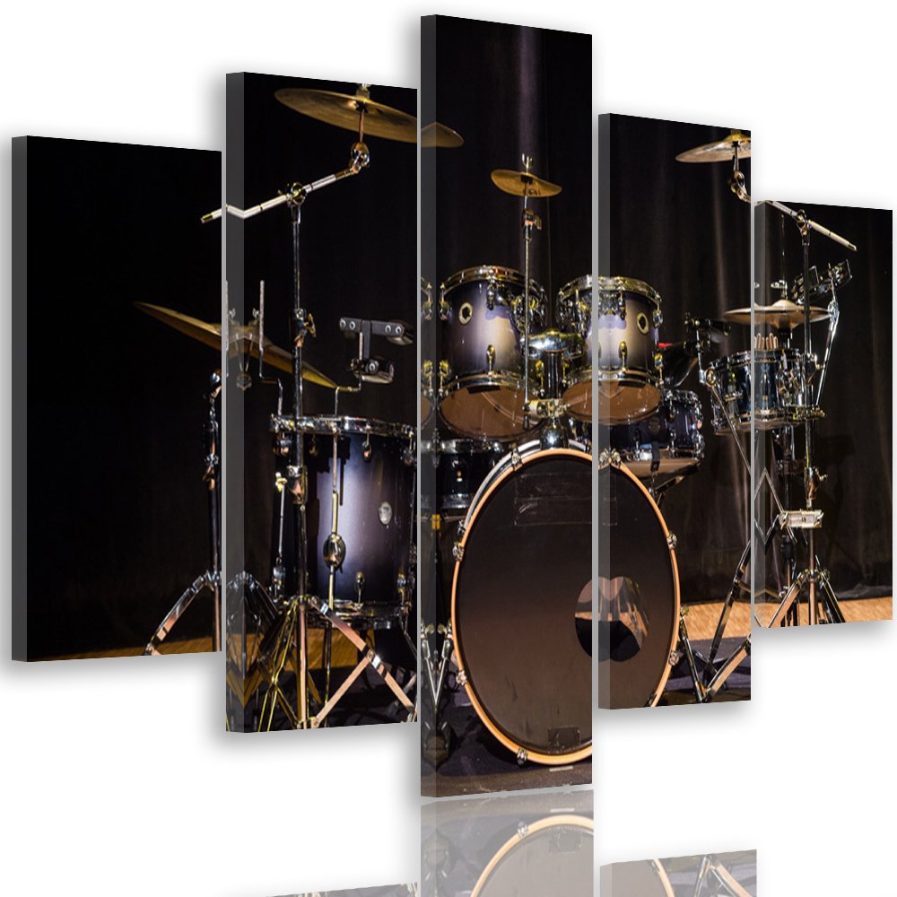 Tableau deco pentaptyque de musique avec instruments et batterie 70x100cm