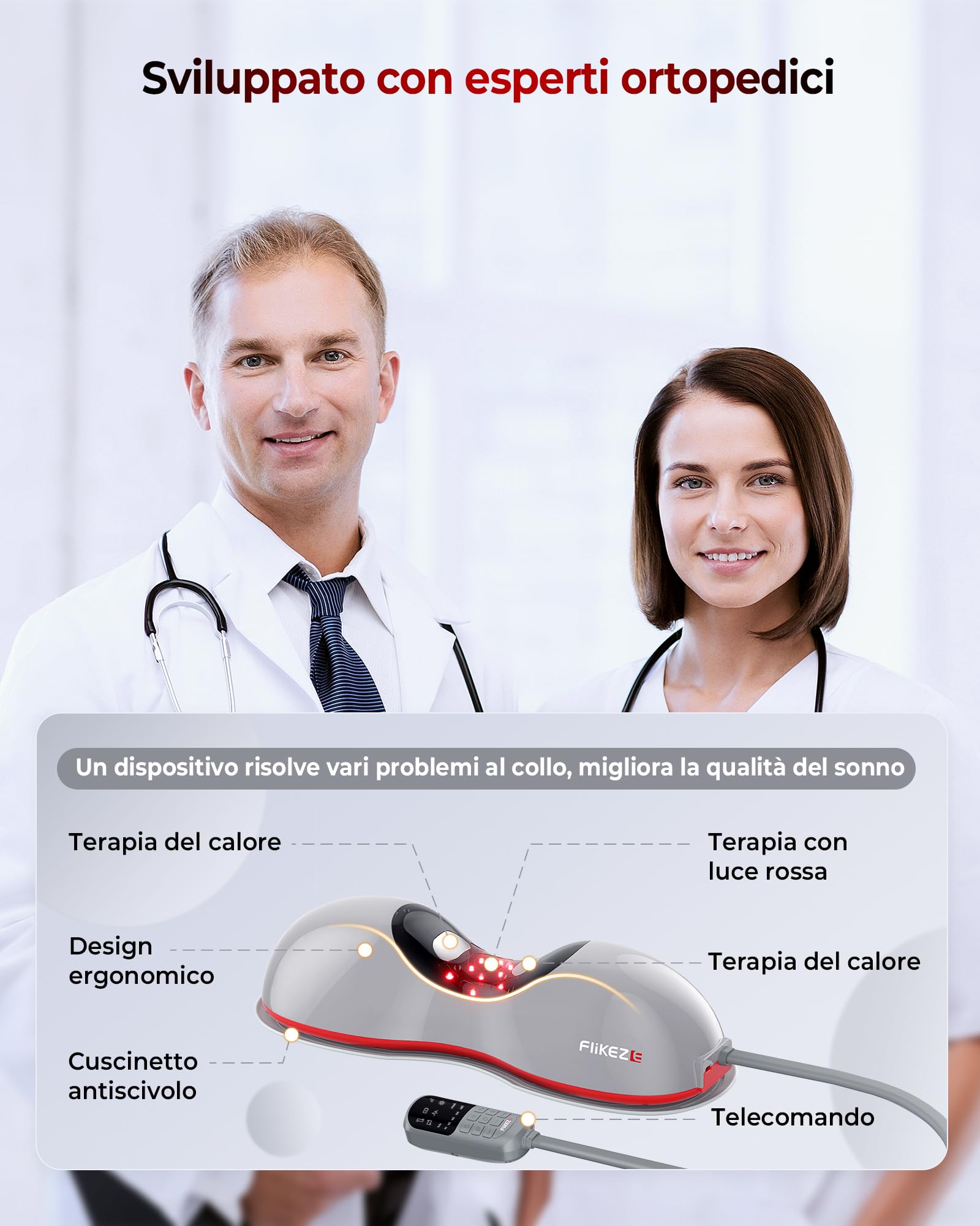 Flikeze Raddrizzatore per il collo riscaldato con terapia a luce rossa, dispositivo di trazione wireless per alleviare dolori al collo e rilassamento delle spalle, massaggiatore per il collo per casa