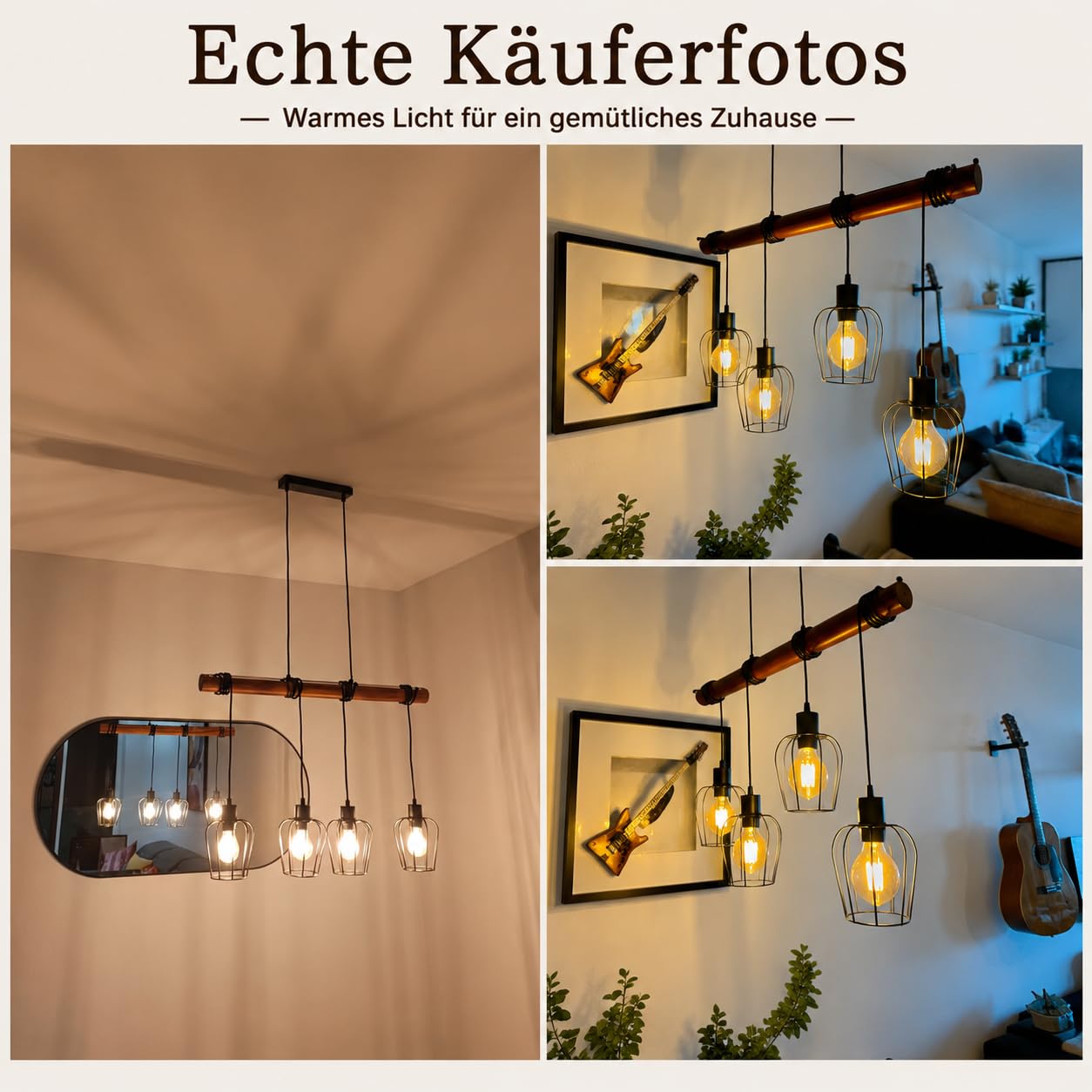 ZMH Retro Pendelleuchte Vintage Hängelampe 4 flammige Holz Esszimmerlampe Pendellampe Wohnzimmer im Industrial Design mit höhenverstellbaren Strahlern - Schwar - Fassung: E27 - ohne Leuchtmittel