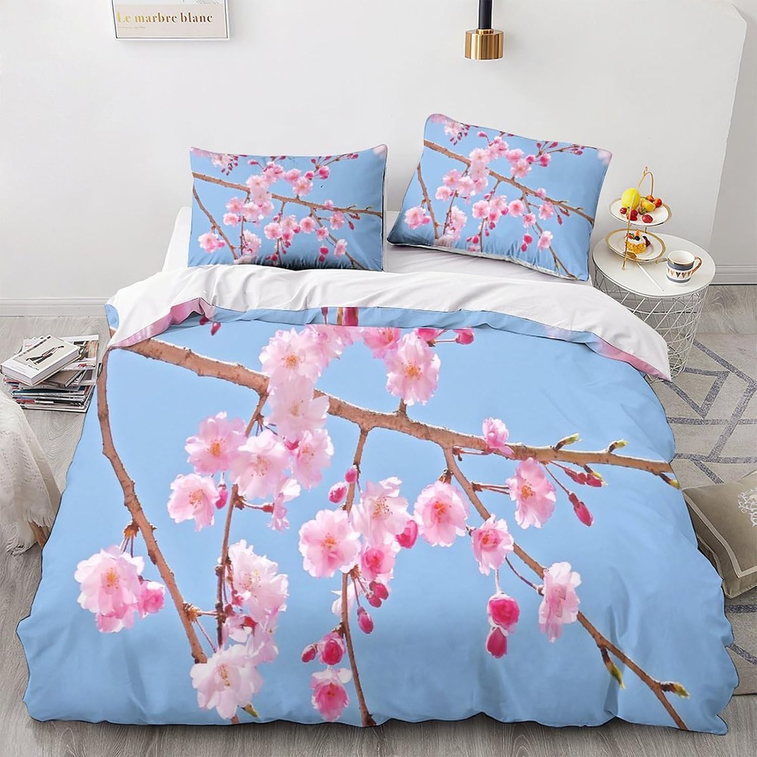 Housse de couette 240 x 260 fleurs de cerisier pour parure de lit 2 personnes