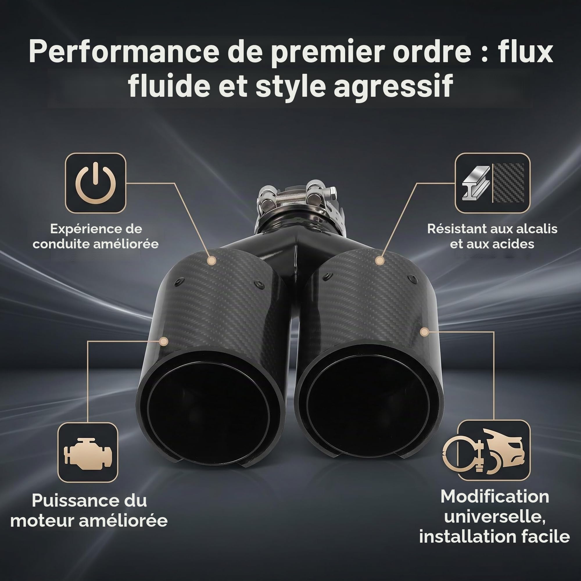 Embout d'échappement en Y Double Sortie 63-93mm Côté Gauche Carbone Aspect Noir Mat Acier Inoxydable
