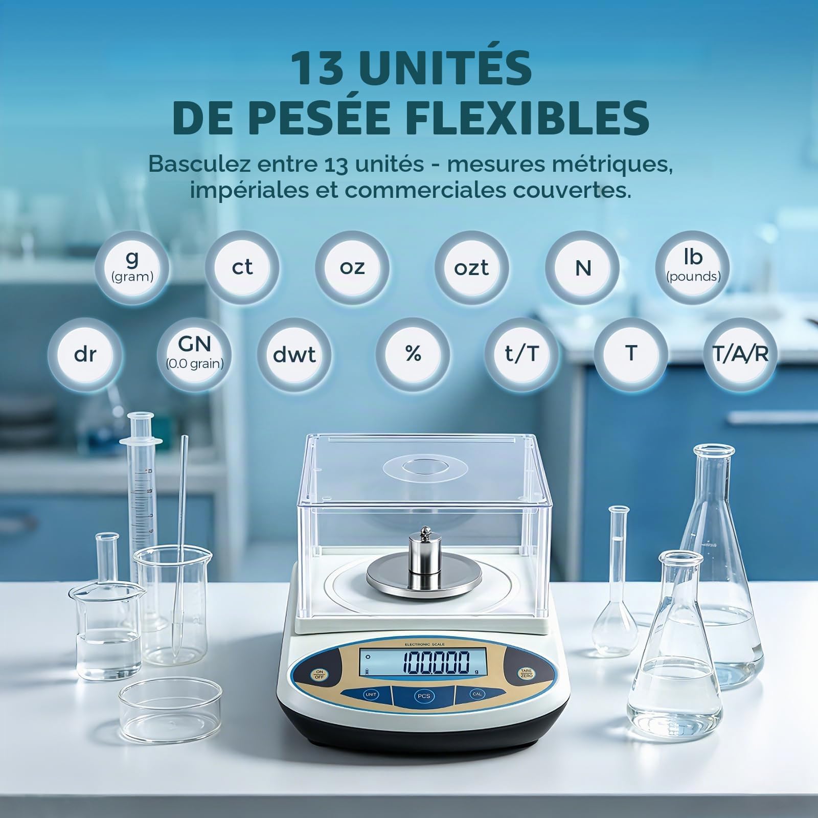 Bonvoisin Balance Analytique de Laboratoire 100g/0,001g avec Pare-Brise | Balance Haute Précision Lisibilité 1mg, Plateau Inox, 13 Unités, Tare & Comptage, Étalonnée Usine pour Labo, Bijouterie & Oro