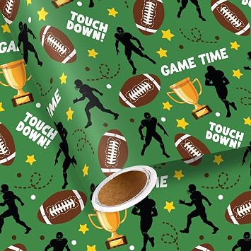 Football Wrapping Paper Roll for Boys Men Dad, Green Sports Rugby Wrapping Paper with Player Silhouette Pattern, Game Day Birthday Gift Wrap for Fathers Day Birthday Holiday, 17 In x 16.4 Ft