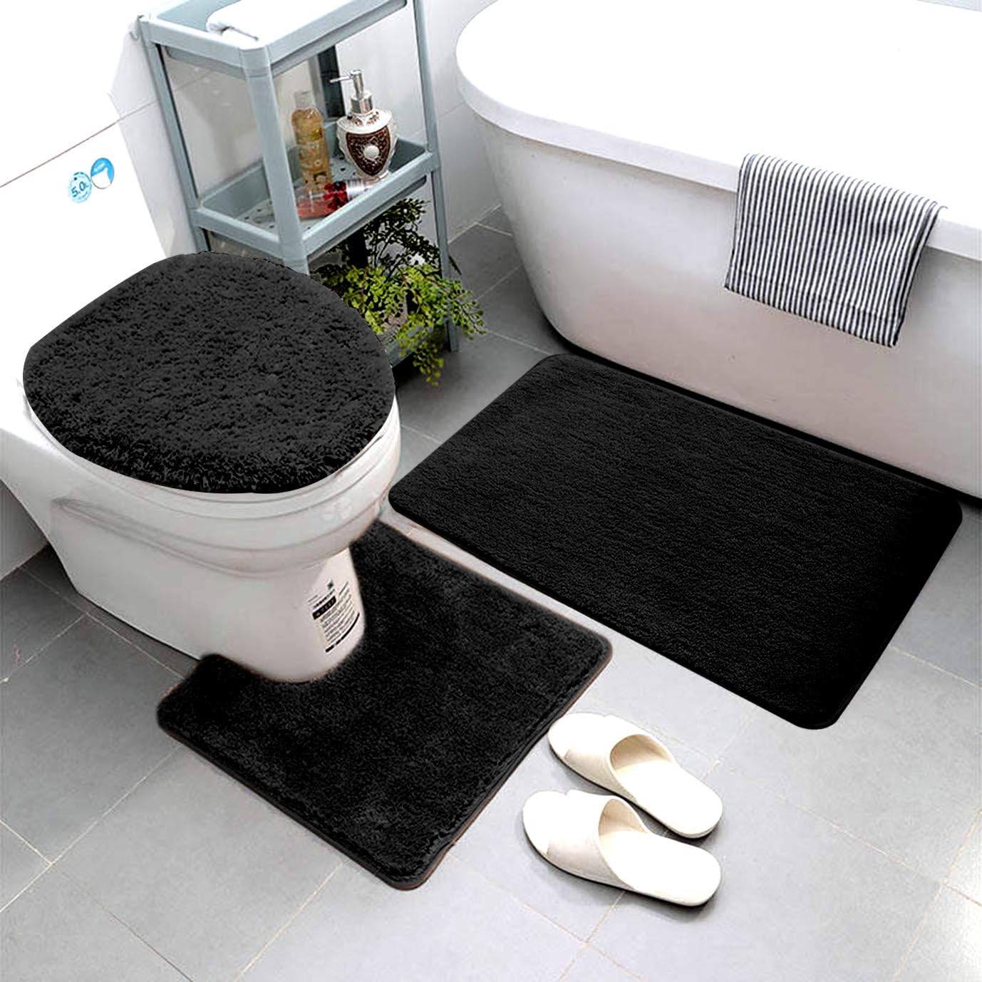 Smart Linen3 Piece Bathroom Rug Set Includes Bath Rug, Contour Mat and Toilet Lid Cover, Machine Washable, Super Soft Microfiber & Non Slip Bath Rugs with Rubber Backing Solid (Black)