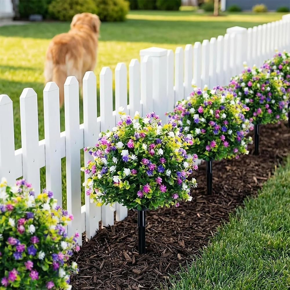 Artificial Potted Trees with Ground Stakes, UV Resistant Camellia Topiary Fake Evergreen Shrubs Bushes Plants with Ground Spike, Fake Plants for Outdoor Indoor Front Porch Garden (4pcs)