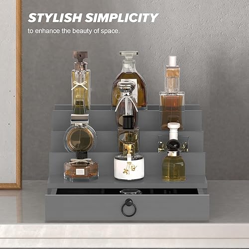 Vista 18 de Organizador de colonia para hombres, organizador de perfumes de madera negra de 4 niveles con cajón de forro de fieltro y compartimento oculto