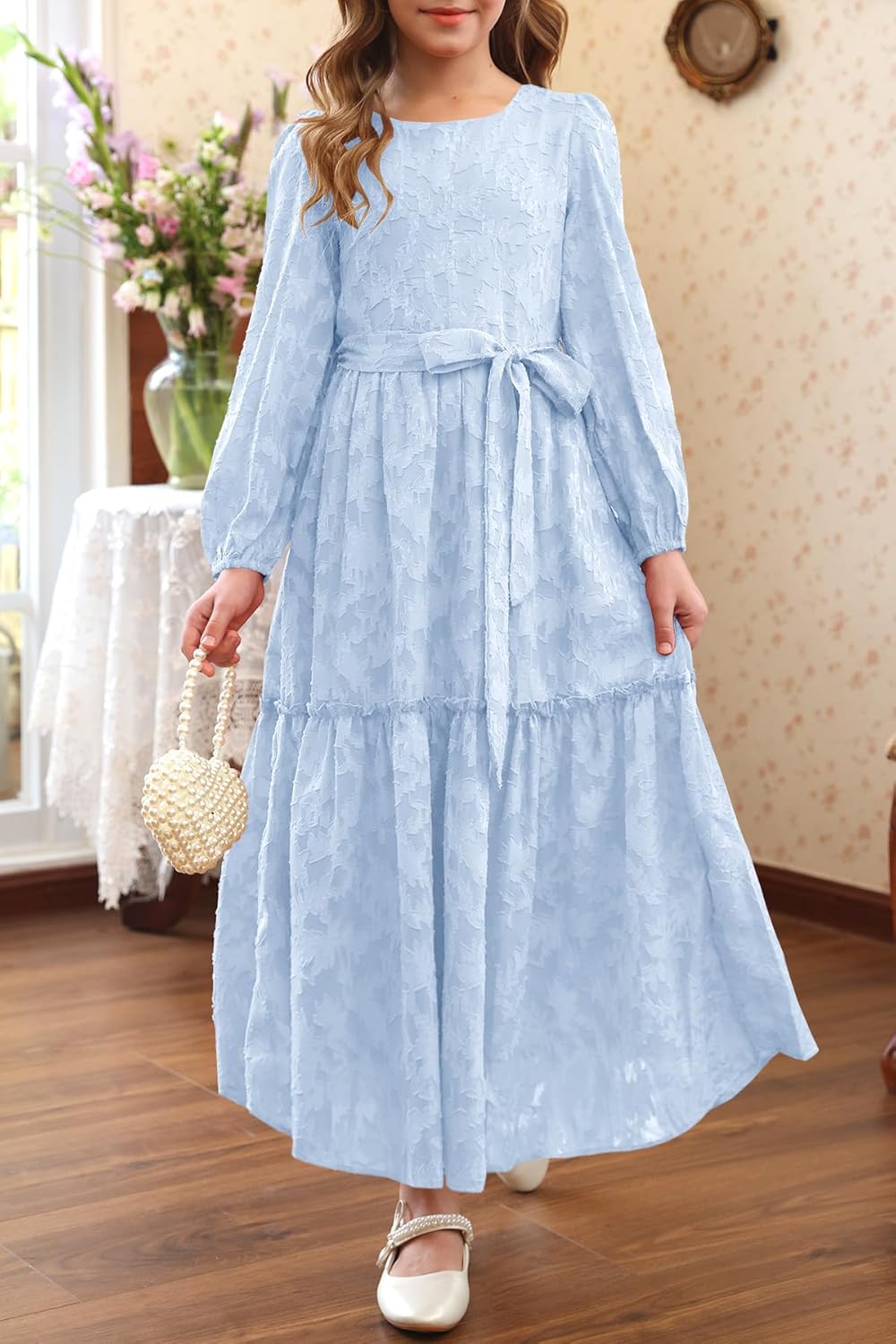 MITILLY Girls Long Sleeve Dress Elegant Floral Crew Neck Elastic Waist Formal Maxi Dresses with Belt 6-12 Years
