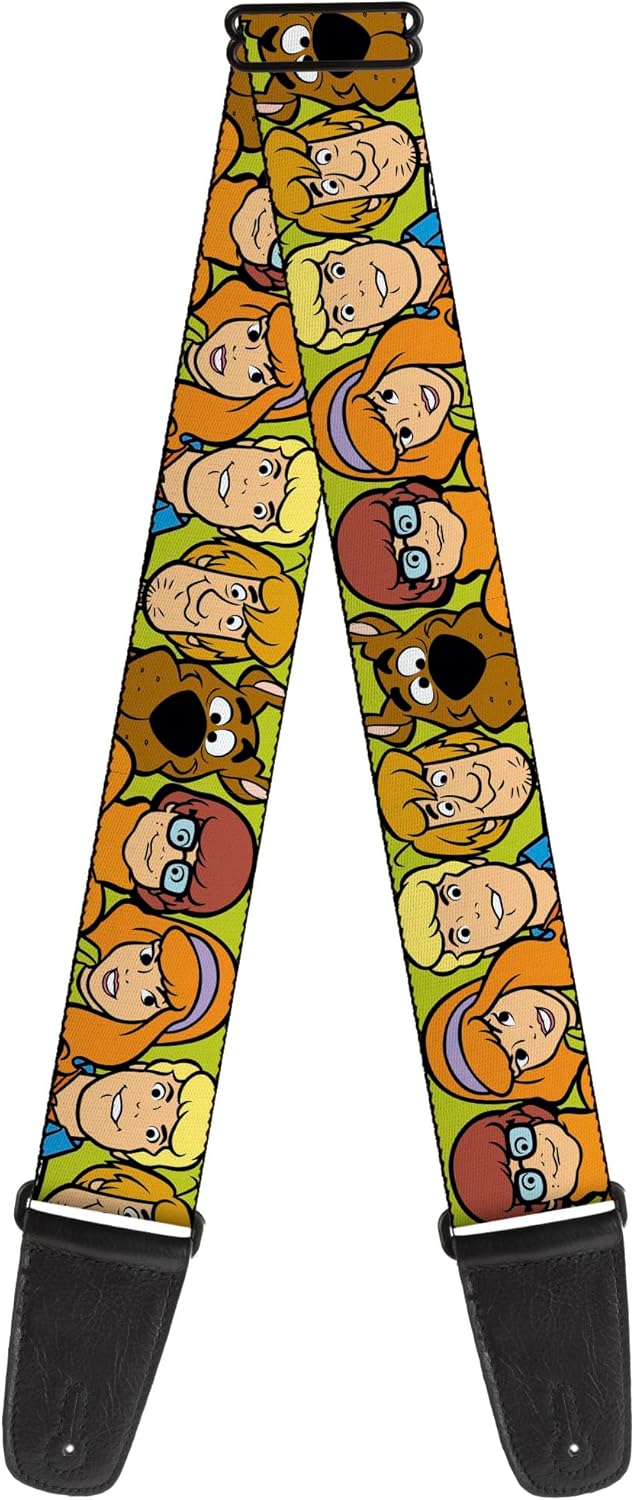 Buckle-Down Scooby Doo Guitar Strap, Scooby Doo Character Faces Close-Up Green, 2 Inches Wide