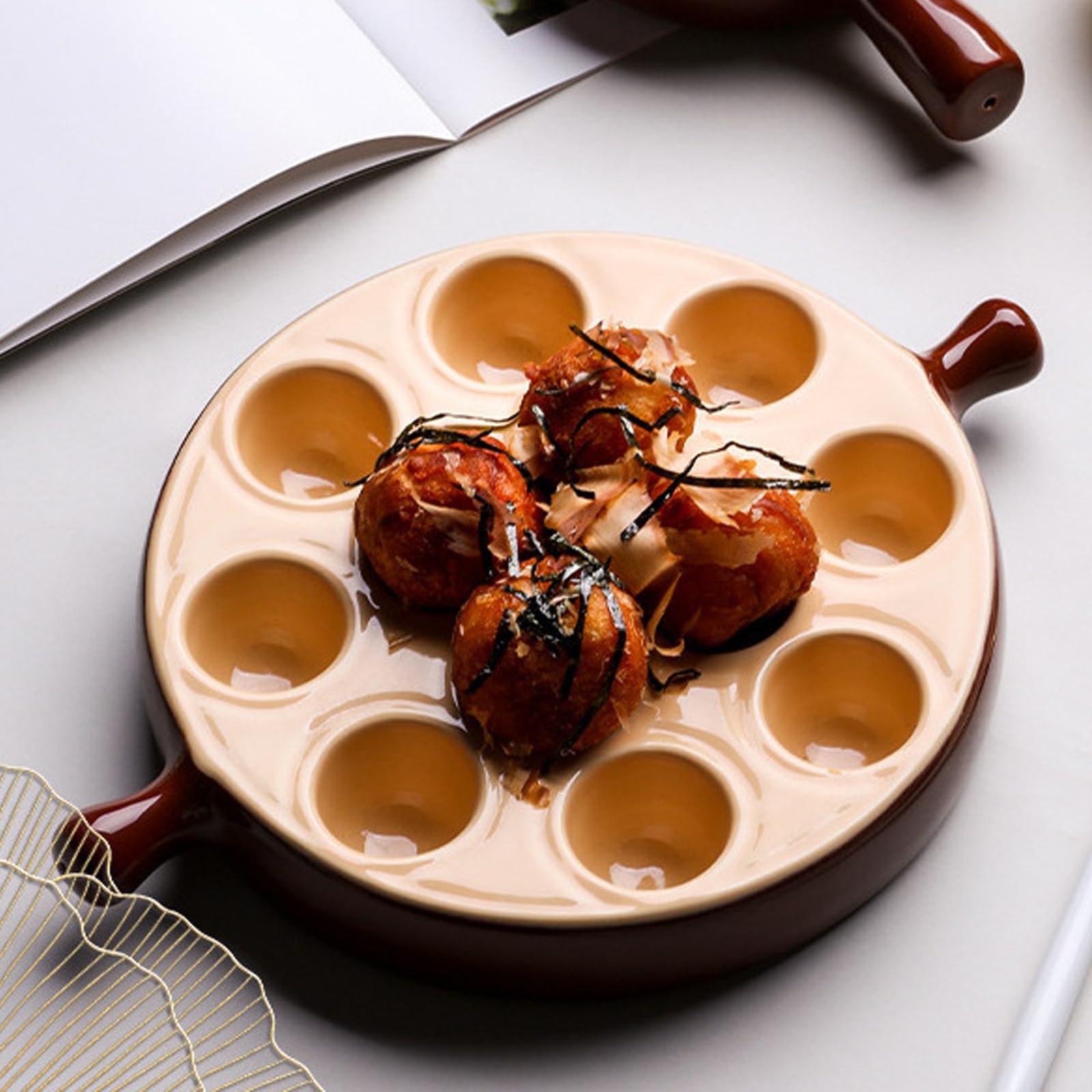 Plat à Escargots En CéRamique, Plaque De Cuisson à Escargots à 12 Trous Avec PoignéE Ensemble 3 PièCes Pour Fruits Mer Compatible Four Micro-Ondes Maison Restaurant HôTel (Marron 23x17x 3,2 Cm)