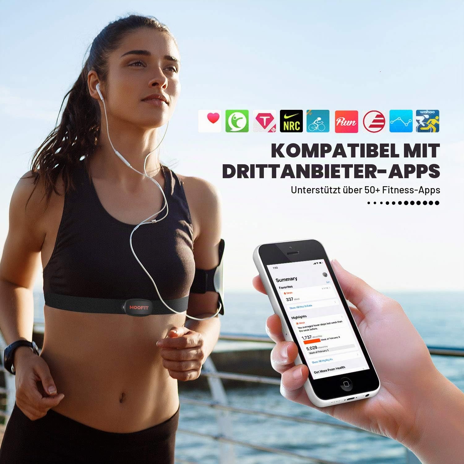 moofit HR6 Herzfrequenzmesser Brustgurt,IP67 Wasserdicht Pulsmesser,Unterstützung Bluetooth/ANT+,Kompatibel mit Wahoo Fitness, Zwift, Peloton, Elite HRV, Rouvy, Endomondo