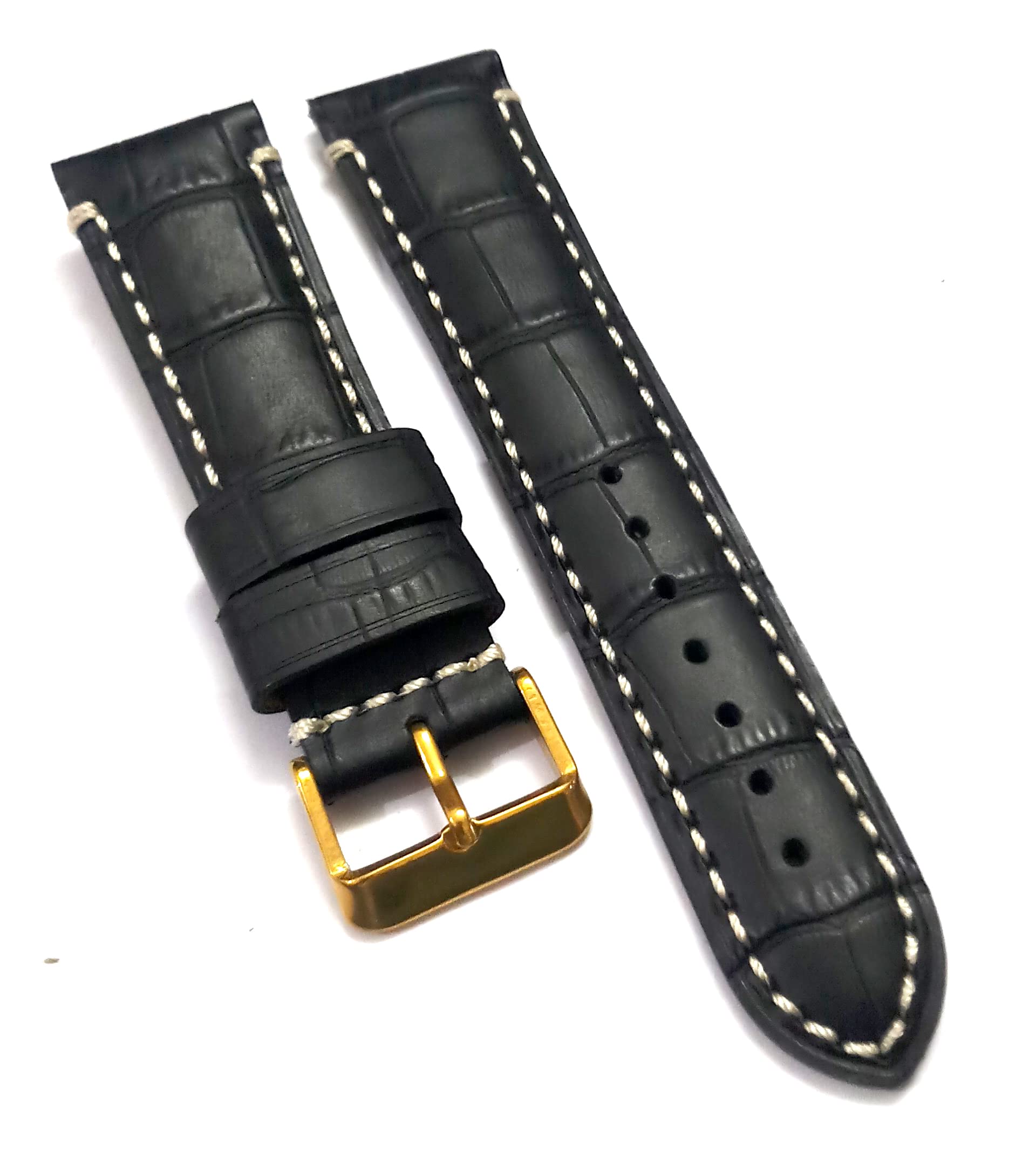 22mmm Genuine Leather Black With White Stich Watch Band Strap for Men and Women | Comfortable and Durable Material | Golden-Buckle