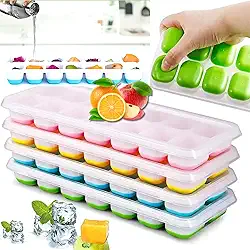 Kit 4 Unidades Formas de Gelo Flexíveis com Tampa Fundo de Silicone 14 Cubos Empilháveis e Antivazamento Ideal para Gelo Frutas e Papinha de Bebê