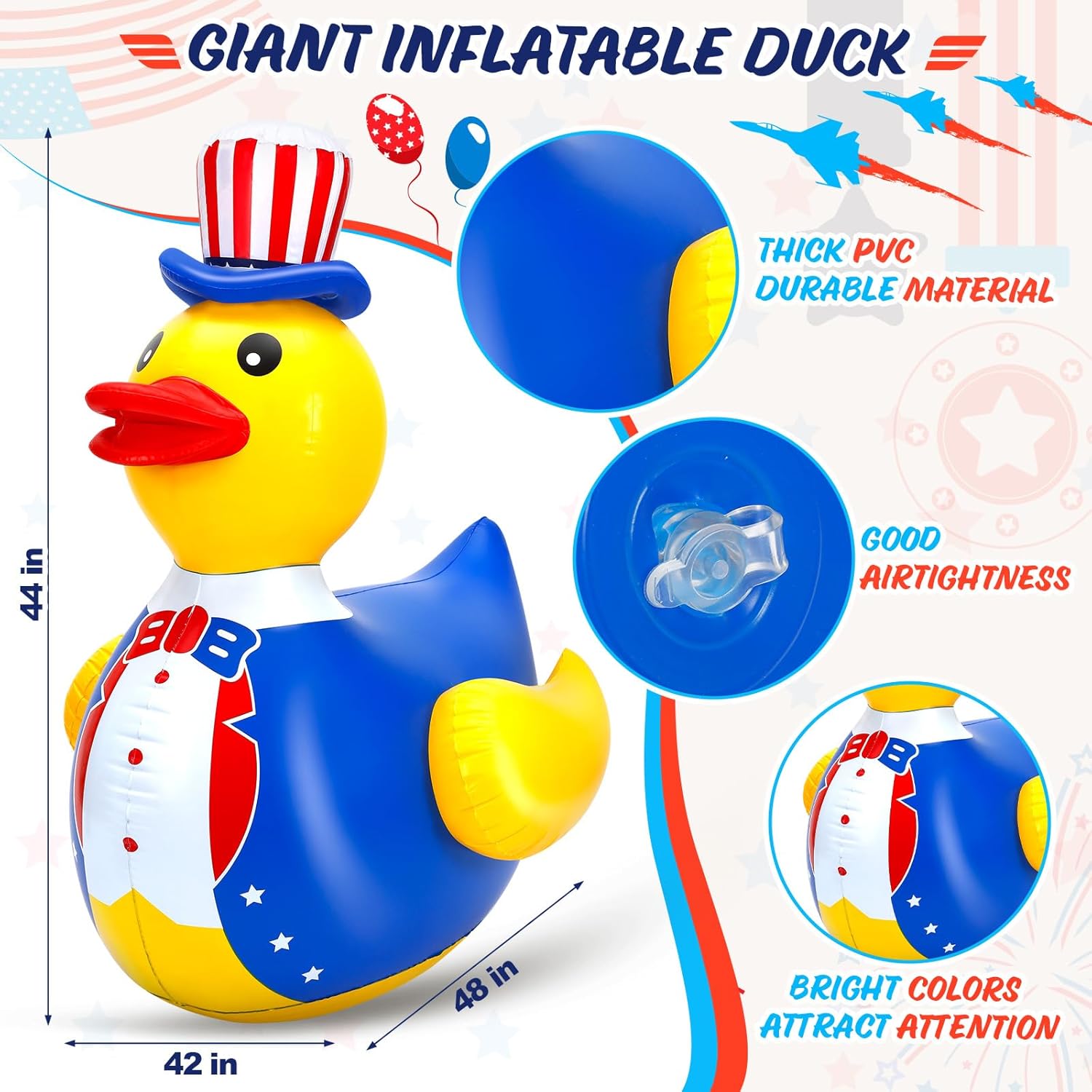 Lenwen 4th of July 4 Feet Giant Inflatable Duck Large Patriotic Blow up Rubber Ducks Summer Pool Favor for Beach Swimming Pool Outdoor Yard Garden Birthday Party Decor (1 Pcs)