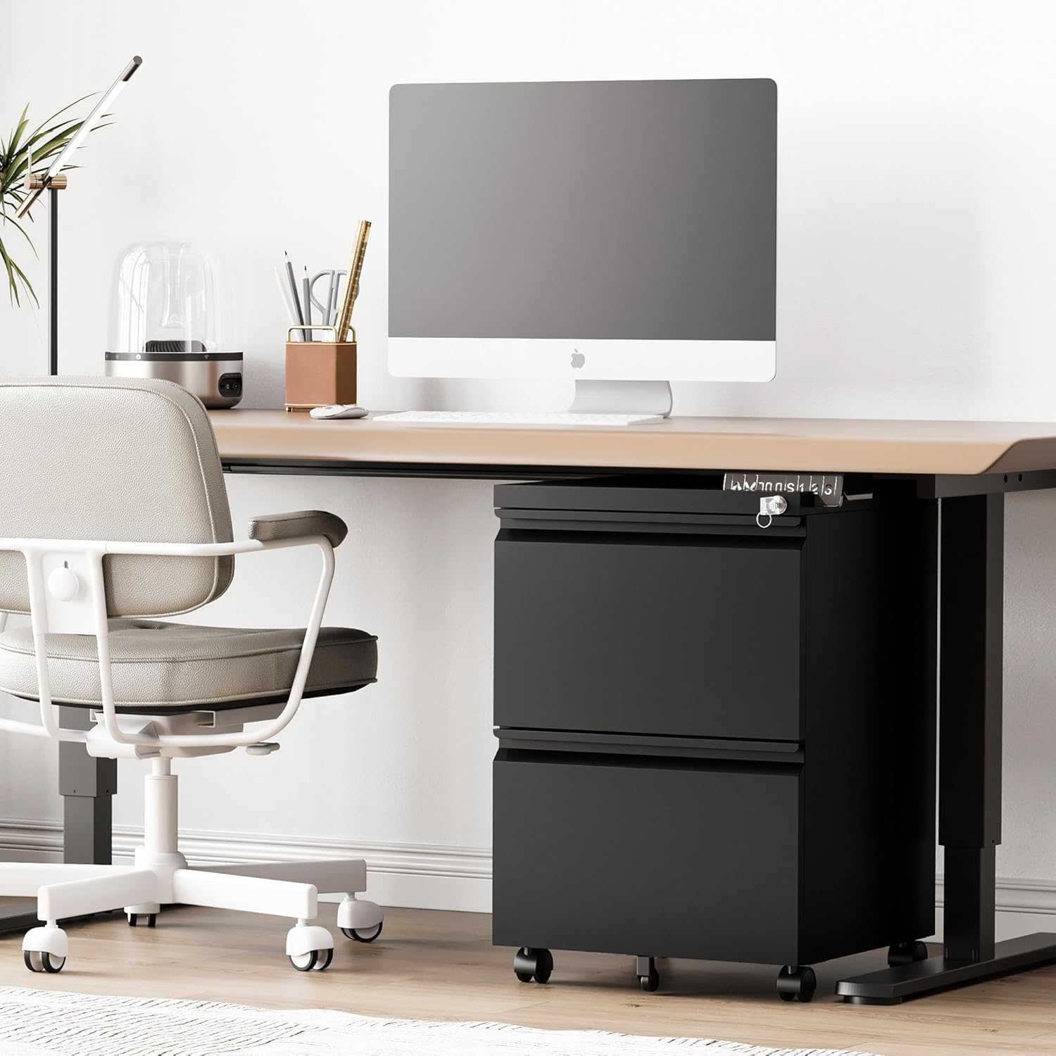 RAVIGIN 2 Drawer File Cabinet，Mobile Filing Cabinet with Lock and Wheels，Un-Assembled Metal Under Desk File Cabinets for A4/Letter/Legal Size（Black