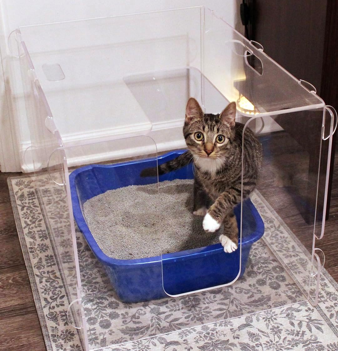 Clear Acrylic Cat Litter Box Enclosure – Scatter Shield & Splash Guard to Contain Mess