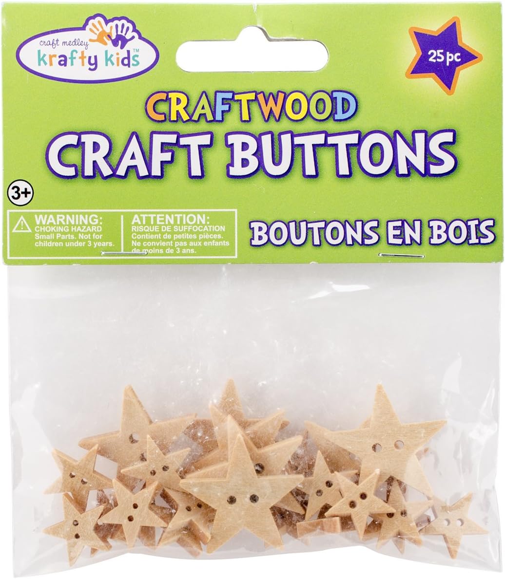 Multicraft Imports CW342-A Craftwood Stars Shaped Buttons (25 Pack), 13mm to 27mm