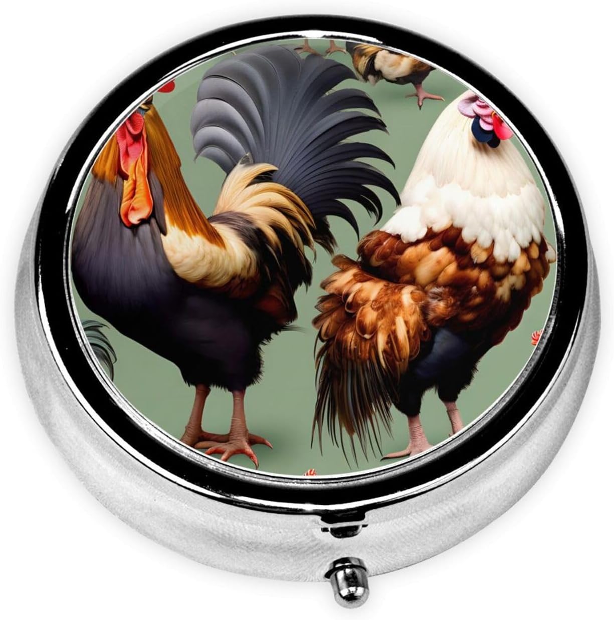 Rooster and Chicken A Round Mini Pillbox with Three Compartments for Storing Vitamins, Fish Oil, and Nutritional Supplements.