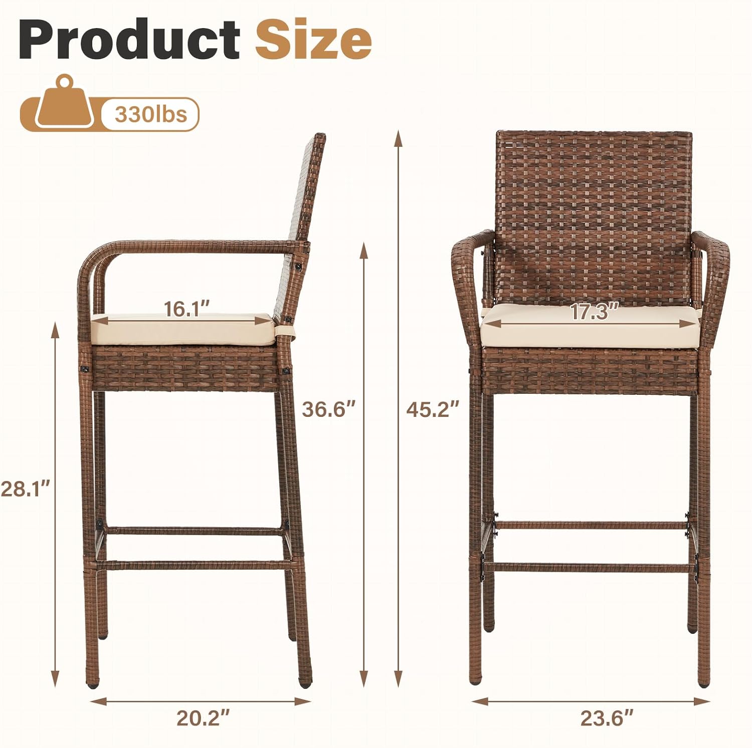 ECOTOUGE Patio Wicker Barstools Set of 4, Outdoor Rattan Bar Height Chairs with Armrest & Backrest, Soft Cushion, Footrests, All-Weather Furniture for Backyard, Pool, Garden, Deck, Brown