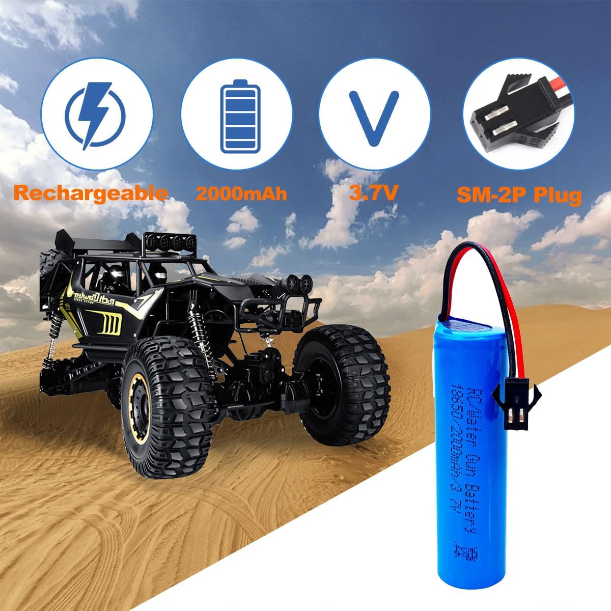 RC Car 2000mAh Battery (1200mAh Upgraded), Shockli 3.7V Remote Control Rechargeable Battery SM-2P Plug with USB Charger Cable for Remote Control Trucks RC car, Water Gun -(2 -Pack)