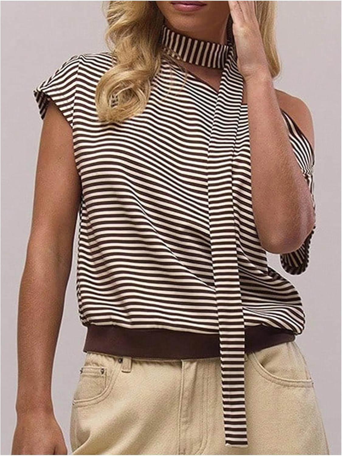 Milumia Women's Striped Off The Shoulder Top Asymmetrical Short Sleeve Going Out Scarf Tops - Image 5