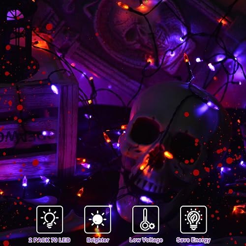 Miniatura 3 de Paquete de 2 tiras de luces de Halloween alimentadas por pilas, 70 luces LED de 23 pies, 8 modos, luces parpadeantes al aire libre con cable negro