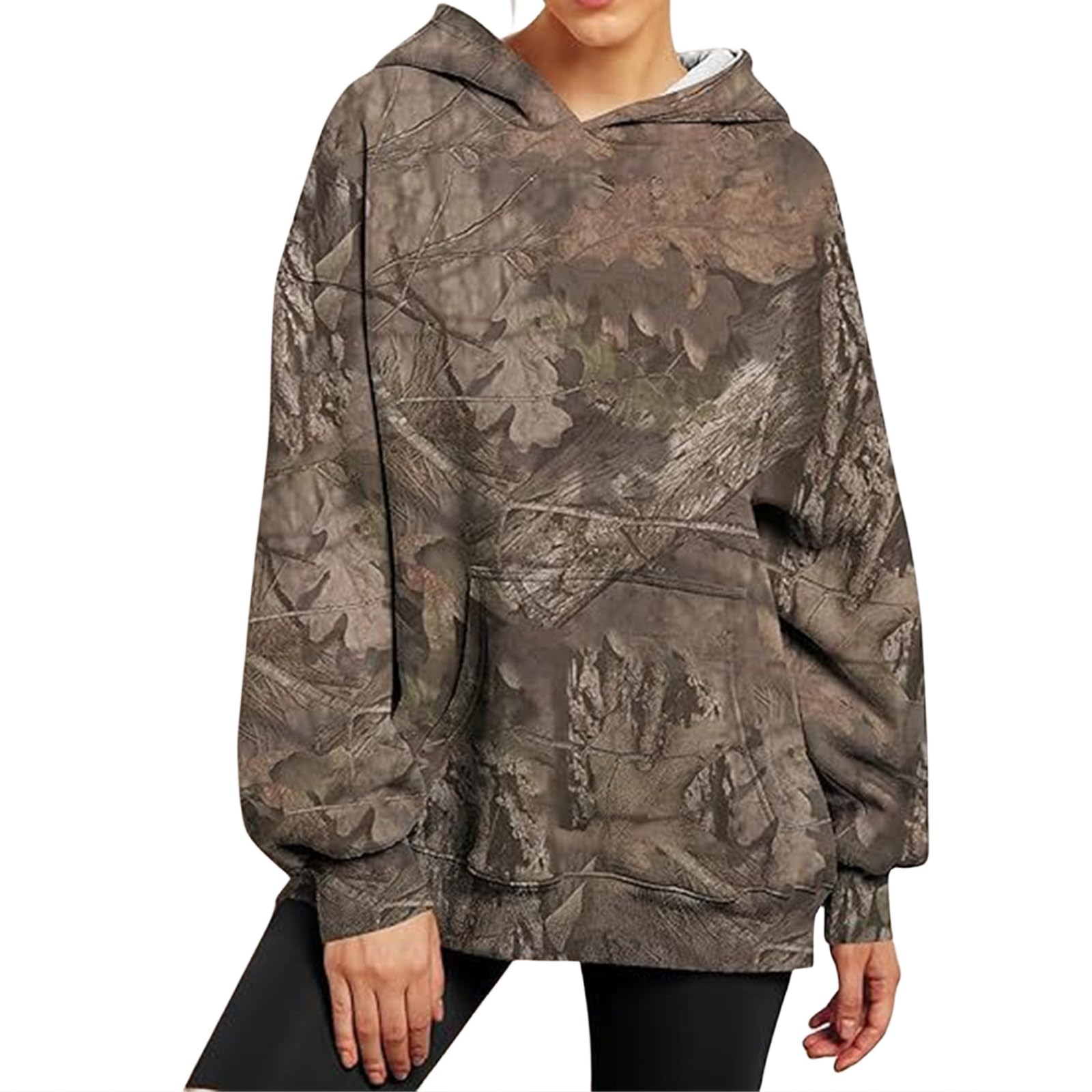 uSeceeWomens Camo Hoodies Sweatshirt Maple Leaf Print Oversized Fleece Sweatshirts Pullover Tunic Tops Clothes with Pockets