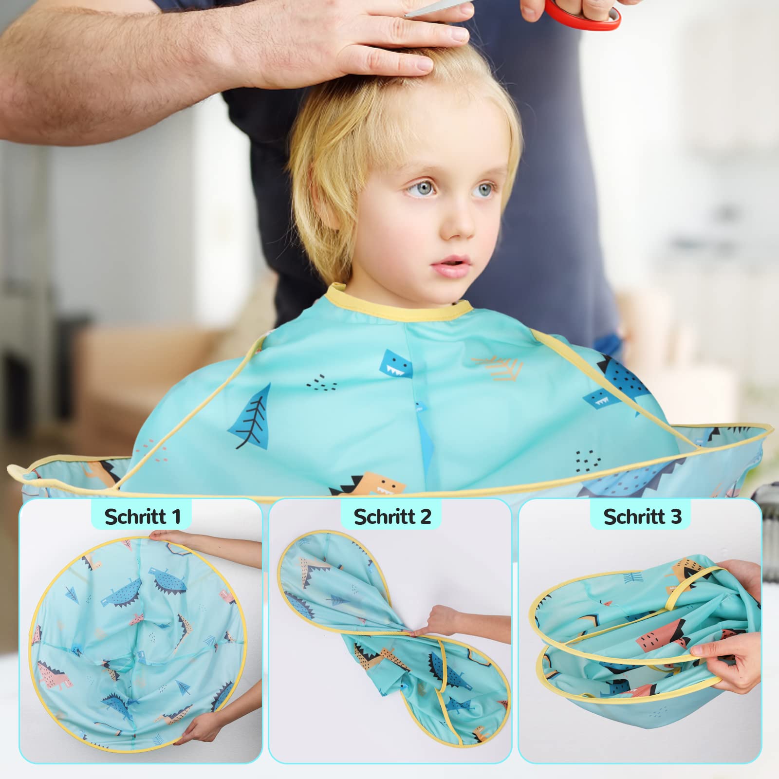 YUWJOOWEE Hairdressing Cape, Blue Dinosaur Pattern, Waterproof, Adjustable, Umbrella Design, Children Unisex, S - Image 3