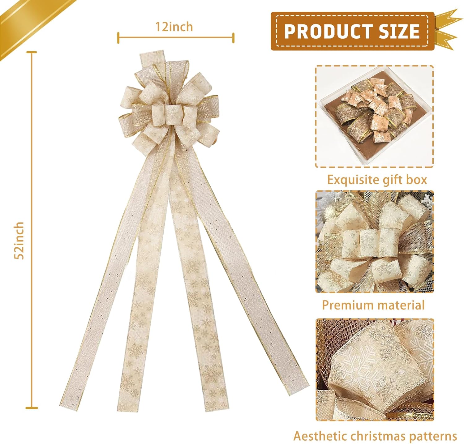 Christmas Bow Tree Topper Champagne Christmas Tree Topper Bow,Large Gold Wreath Ribbon Bows Gift for Xmas Ornament Holiday Home Wedding Birthday Party Thanksgiving Indoor/Outdoor Decoration 52"x12" - Image 6