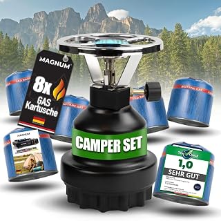 Magnum® Campingkocher [inkl. 8x Gaskartuschen ] – Gaskocher mit Kartusche [Notfall Ausrüstung ] – Campingkocher mit Gaskartusche (8x Karutschen)