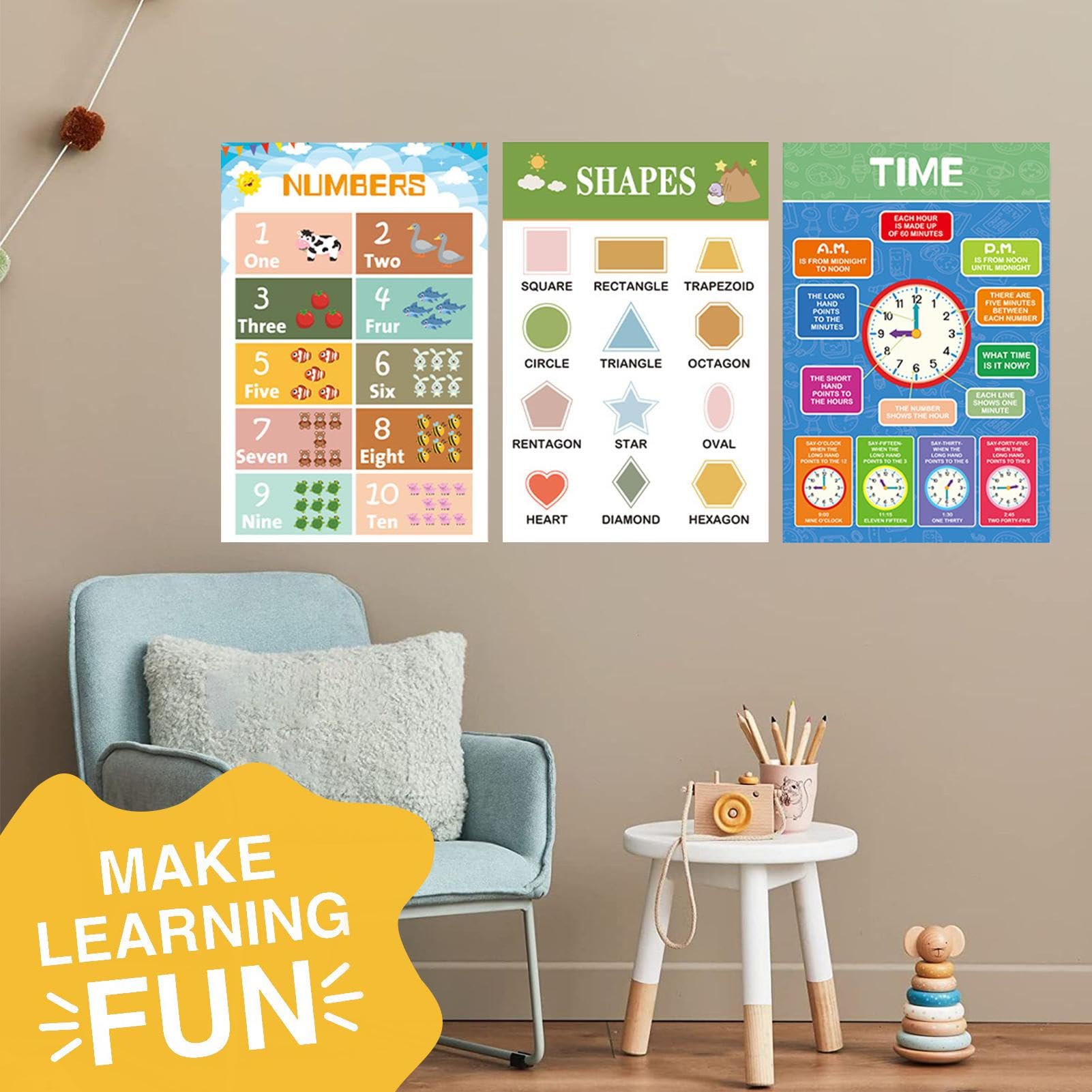 Poster educativi 40,2 x 40,2 cm set di 12 stampe con numeri e lettere per bambini in età prescolare
