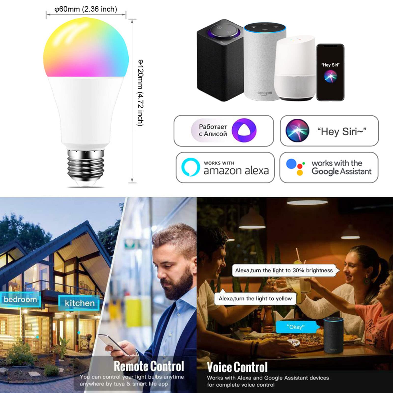 Bombillas Inteligentes, RGBW Cambio De Color Control Remoto Regulable 15W Bombilla LED [4 Pack] E27 B22 con Alexa,Google Home WiFi Bombilla No Necesita Concentrador,RGB WW,E27
