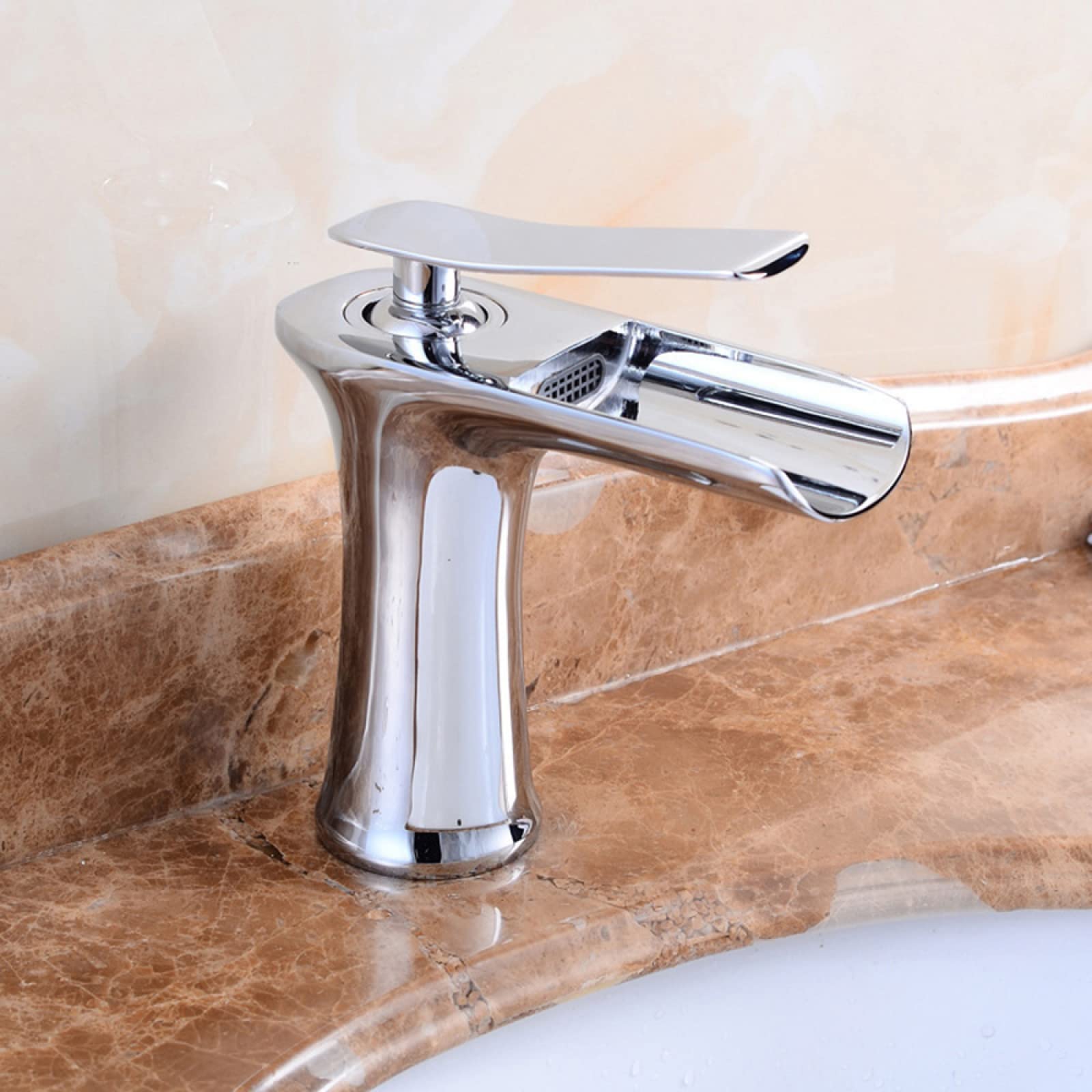 ZQFHSX Waterfall Bathroom Faucet, Solid Brass, Hot and Cold Water Mixer Tap, Single Handle Sink Chrome Plated, High(Cromo,Short) LWX