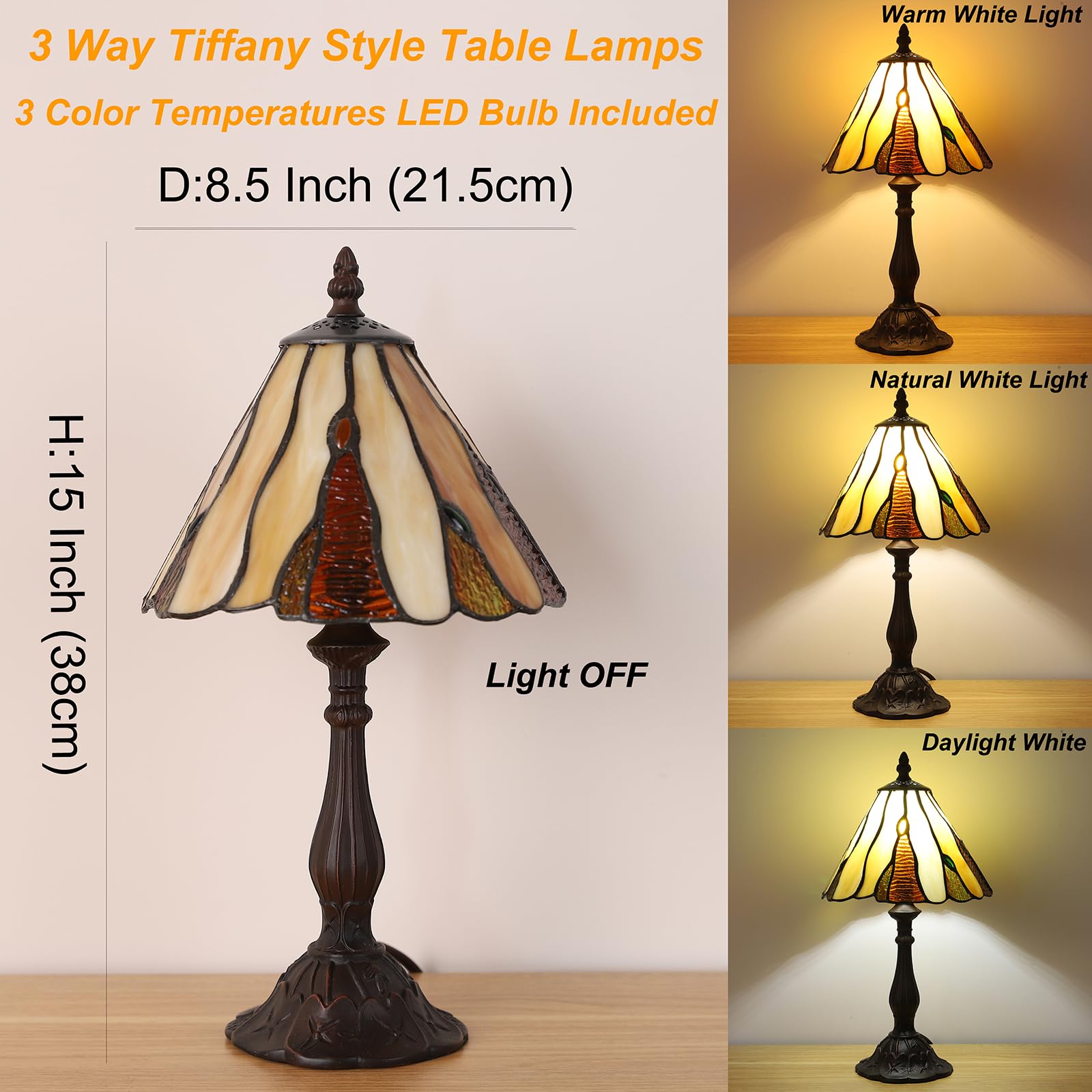 Tiffany Tischlampe, Vintage Glaslampenschirm, Dekorative Nachttischleuchte, Antik Bronze Tischleuchte mit E14 Fassung