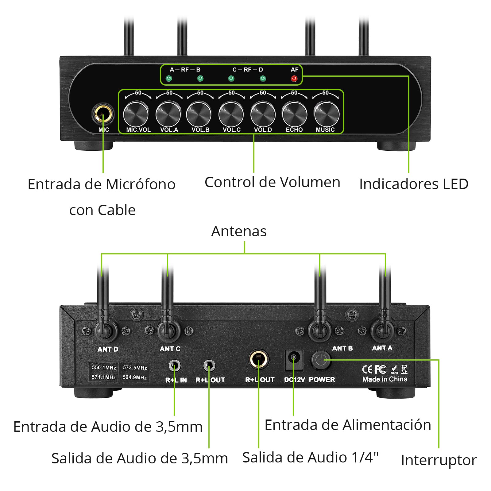 LiNKFOR Sistema de Micrófono Inalámbrico UHF 50x4 Canales Micrófonos Inalámbricos Portátiles con Eco Bluetooth Entrada y Salida AUX Frecuencia Elegible para Karaoke Bodas DJ Iglesia Regalo