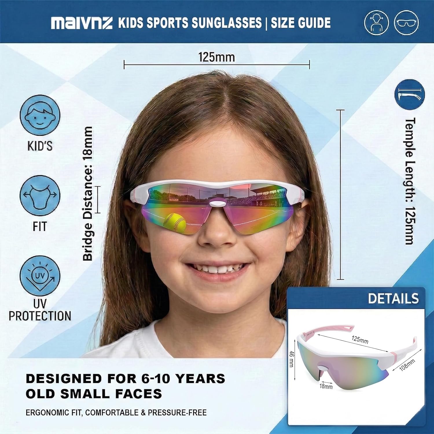 maivnz Youth Baseball Sunglasses for Boys and Girls Ages 6-12, Kids Sports Glasses for Softball Cycling, Helmet Compatible